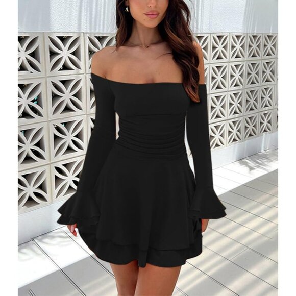 Women's Long Sleeve Tube Dress Sexy Off Shoulder Ruffle Tiered Flowy Bodycon Min - Picture 2 of 5